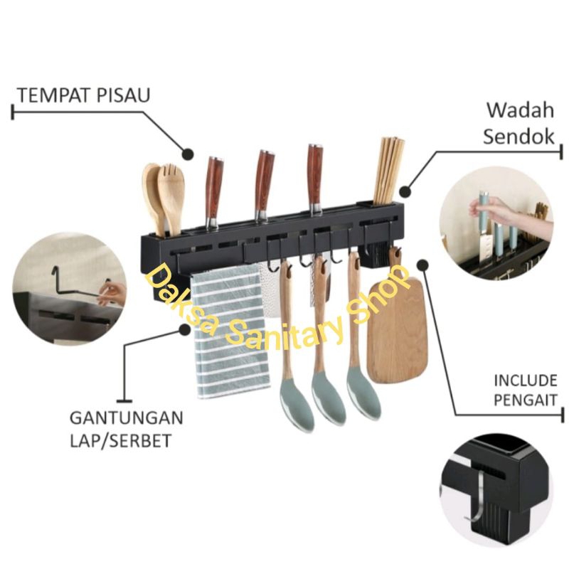 Rak Pisau / Sendok Dapur Gantung serta Alat Masak Hitam Stainles / Rak Dapur Tempel/Baut Dinding Hitam Stainles ukuran 40 cm dan 50 cm