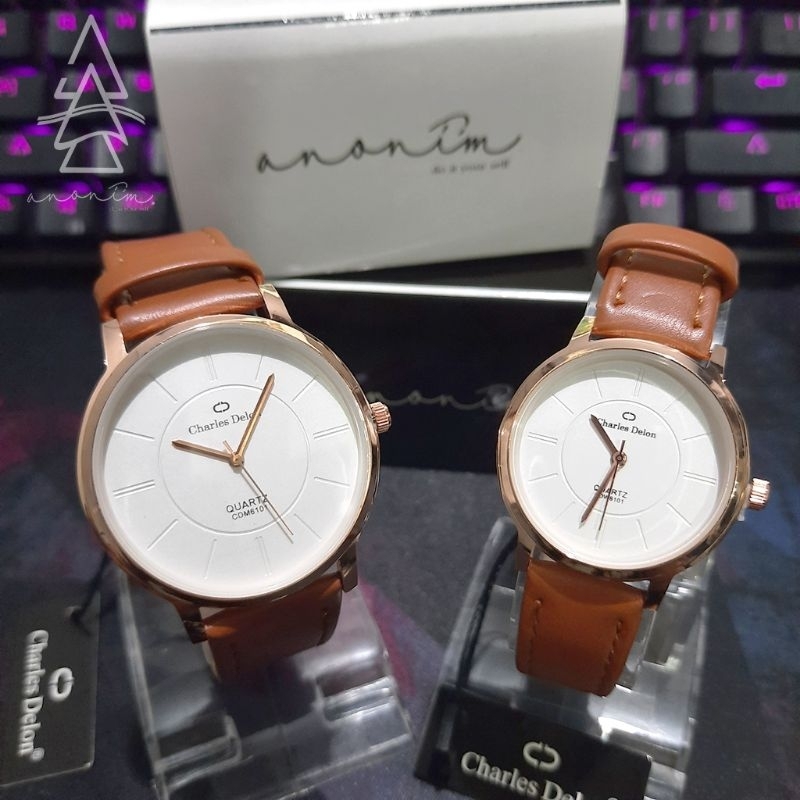 Jam Tangan Couple Original Charles Delon Kulit Free Box Kotak