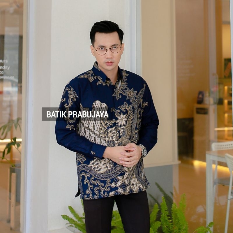 SELING NAVY Kemeja Batik Pria Lengan Panjang Modern Premium Jumbo Slim fit - Baju Batik Pria Cowok Kondangan Pesta Seragam Sragam Kerja Kantor