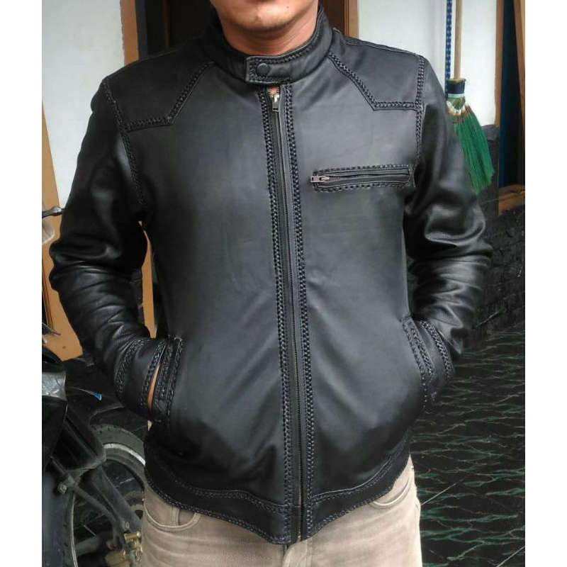Jaket kulit domba Asli model sulam (100% kulit domba asli)