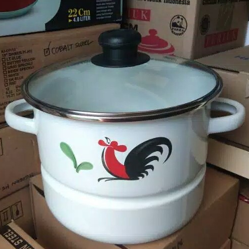 Panci Masak Enamel Kukus Tutup Kaca | Motif Ayam Kukuruyuk | Uk.20 cm | Harga satuan | dandang Jadul