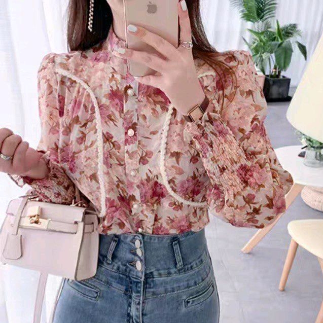 2091 Three M Baju atasan kemeja blouse SMOCKED SLEEVE lengan karet panjang motif bunga floral bunga 