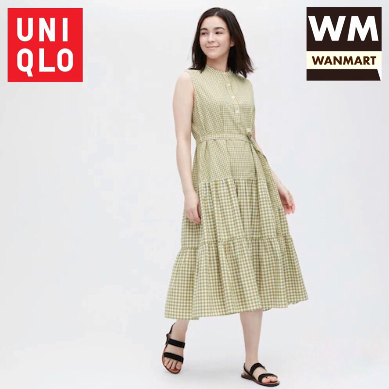 UNIQLO Women Dress Gaun Wanita Katun Slub Tanpa Lengan Olive