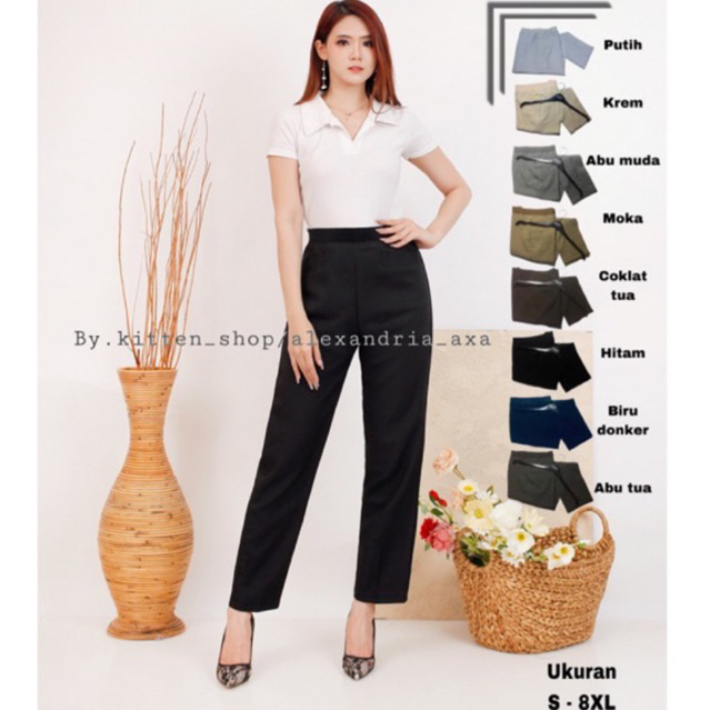 Celana Bahan Kerja Kantor Formal Wanita Pinggang Karet Highwaist Bahan Stretch Melar Ukuran S Sampai 8xl