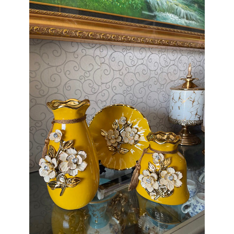 SET 3 PIRING SET PAJANGAN VAS BUNGA KERAMIK PAJANGAN