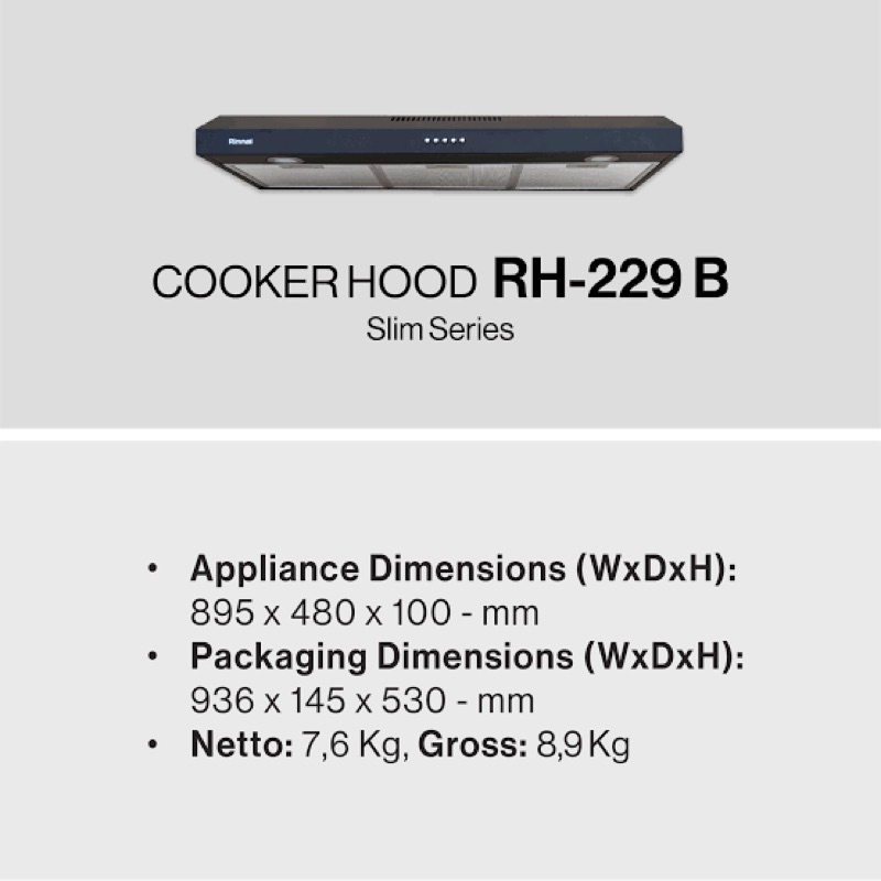 Rinnai Cooker Hood RH 229B / Penghisap Asap Dapur Rinnai RH 229 B