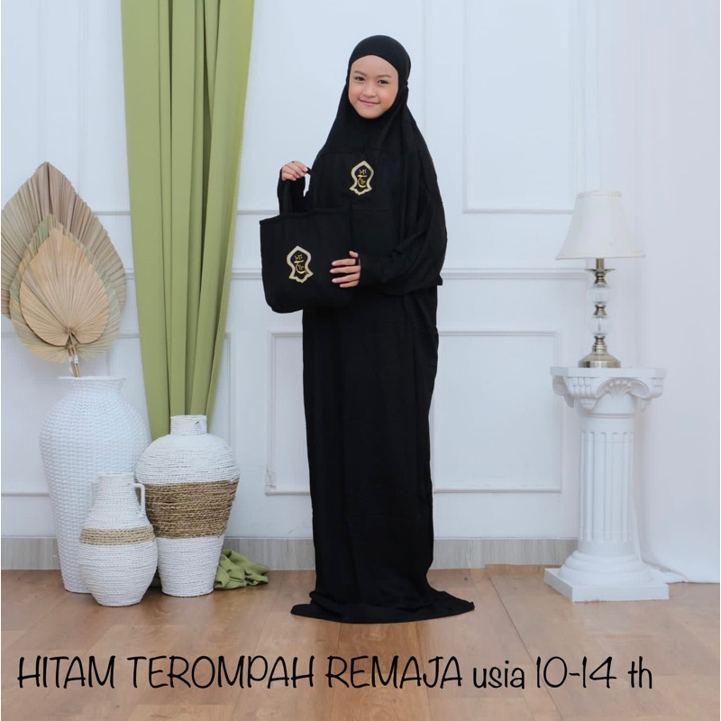 Mukena HITAM PUTIH Anak Remaja usia 10-14 tahun Terompah Terusan Bali Polos Mukenah Hadramaut Rayon Anak