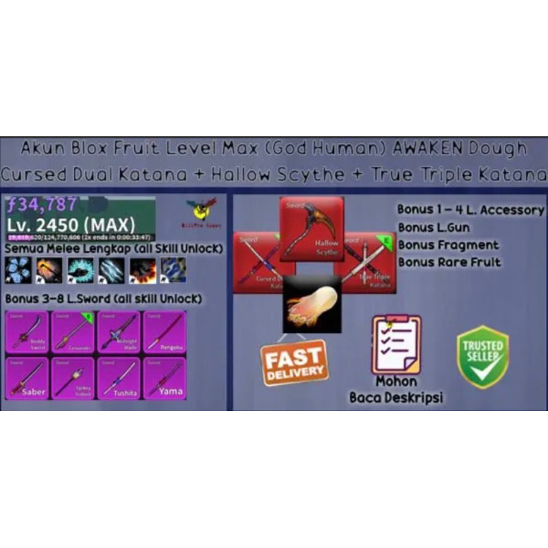 Akun Blox Fruit Level Max GODHUMAN Awaken Dough (Hallow Scythe Cursed Dual Katana True Triple Katana)