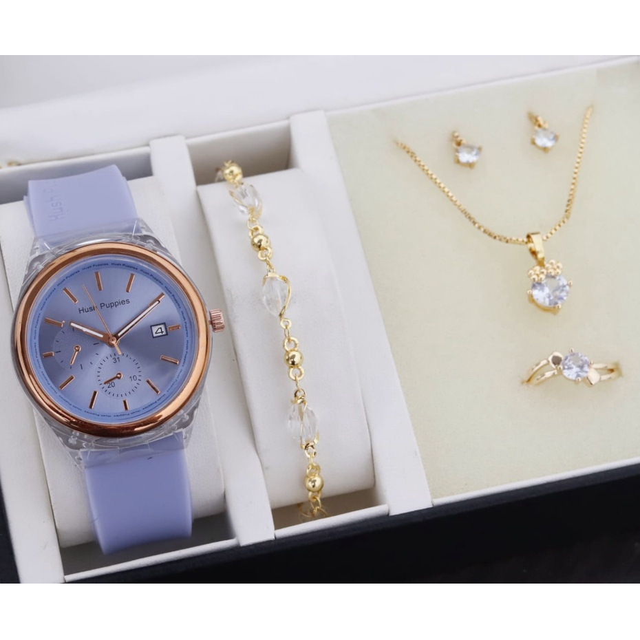 BISA COD✅ Jam tangan wanita Hush Puppies full set kalung cincin anting gelang