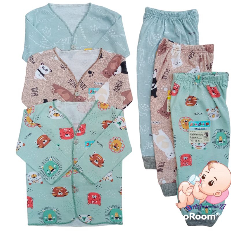 DAPAT 3 STEL!!!AIRIN Setelan Baju Bayi Lengan Panjang Motif Warna dan Motif Putih Usia Newborn 0-4Bulan SNI HIGHT QUALITY