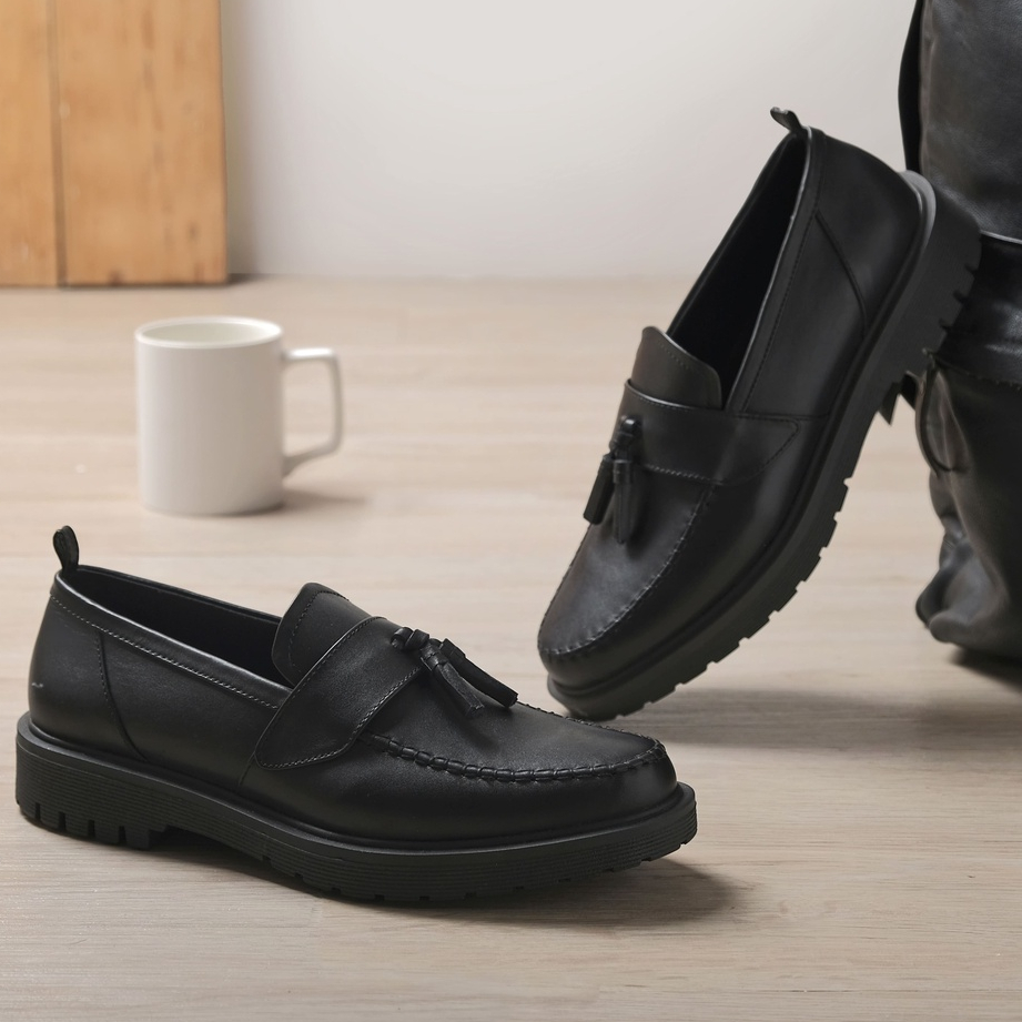 GAMA BLACK (Kulit Asli) - Sepatu Loafers Kulit Casual Pria Slip On Kerja Santai Kuliah Loafer Cowok Original