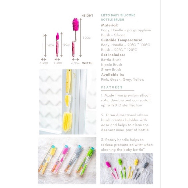 Lieto Silicone Brush Set (3 items) Down to Earth Lieto Brush Sikat Botol Bayi