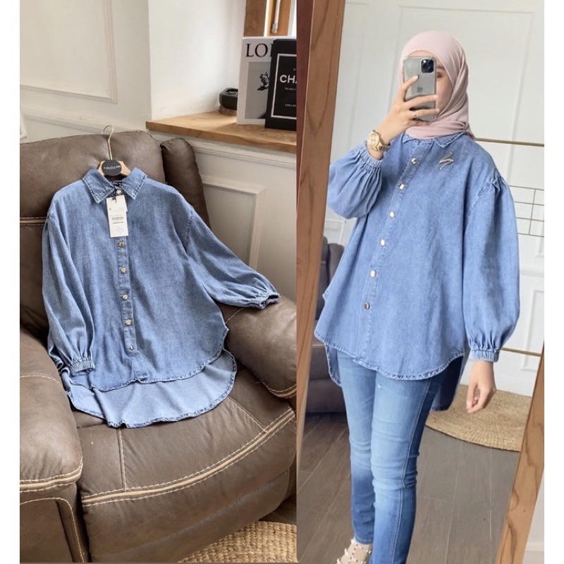 Tamstore Kemeja Oversize Wanita Jeans Atasan Kemeja Denim Lengan Panjang Ootd Kekinian