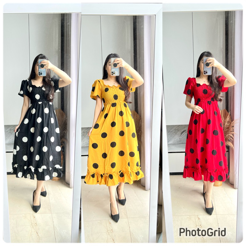 MIDI DRESS POLKADOT RUFFLE WANITA DRESS BUMIL COTTON ADEM IMPORT HERBEST 1008