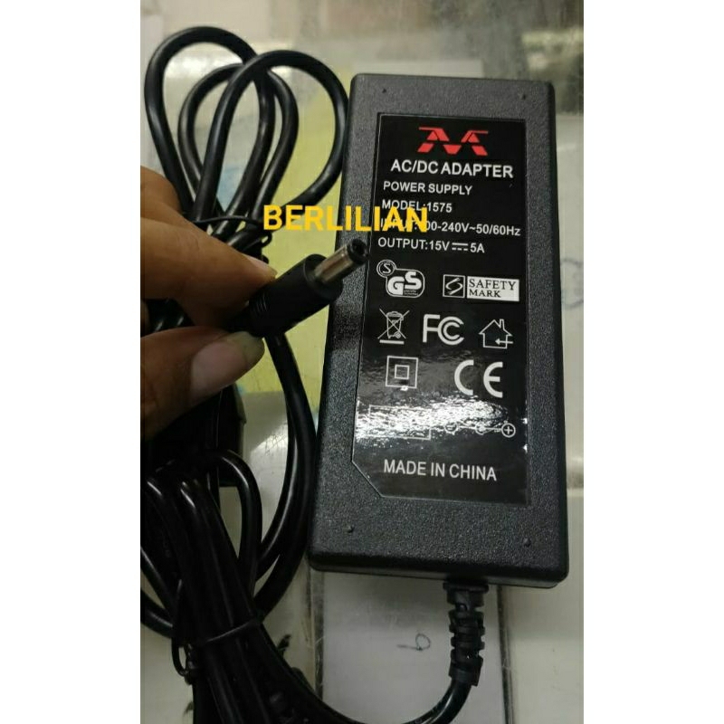 Adaptor DC 15V 5A model 1575 input AC 100-240V merek M