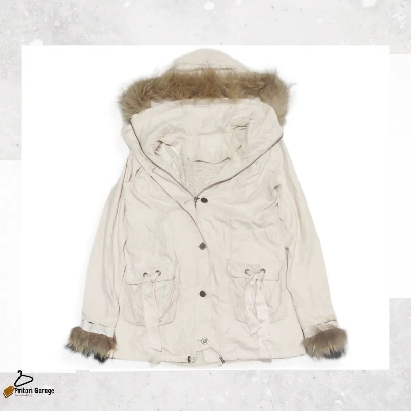 Parka Sherpa Hoodie Fur Cewek Feroux White Bone Color Vintage