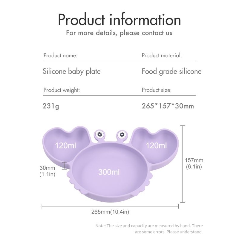 BIANCA - Piring Silikon Anak Sekat 3 Suction MOTIF KEPITING CRAB + Sendok Garpu