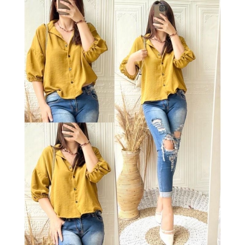 Yuse Shirt | Kemeja Crop Wanita - Kemeja Basic Crinkel air flow- Kemeja Wanita Terbaru -Kemeja OOTD