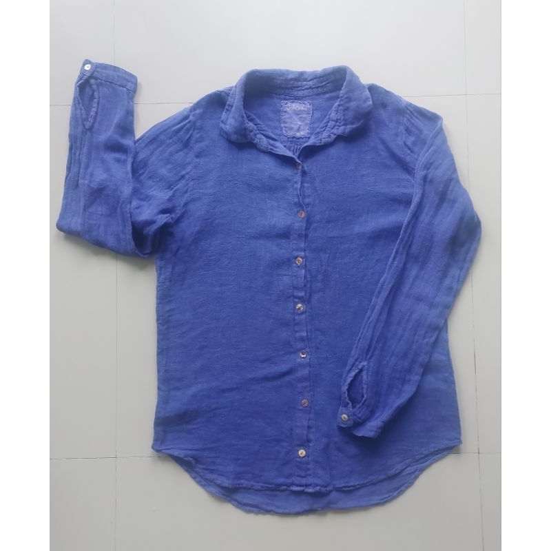 Kemeja Wanita Linen Biru Lengan Panjang, Small