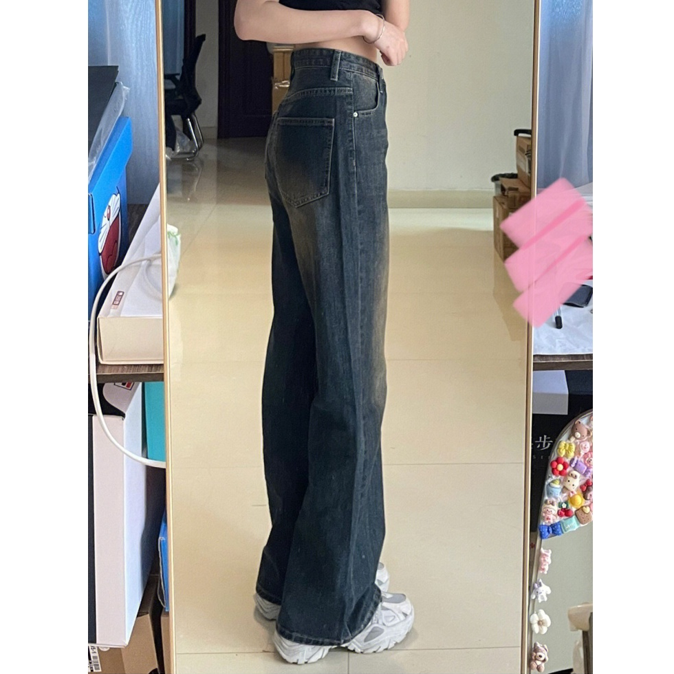 Biru Retro Highwaist Celana Cutbray Jeans Wanita Loose Kekinian