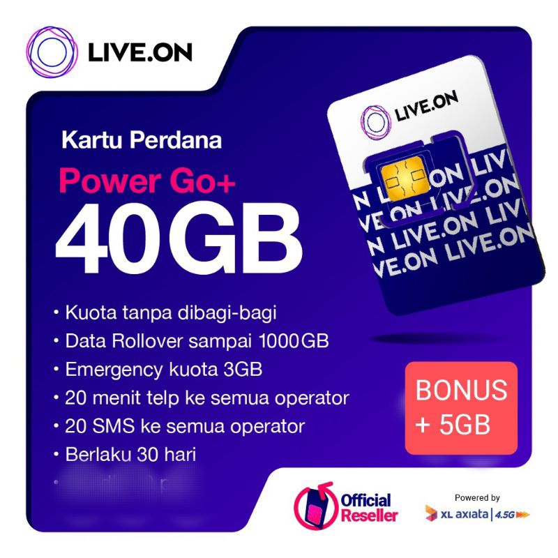 Kartu Perdana Live On XL Kuota Internet 40 GB + Bonus 5Gb 30 Hari