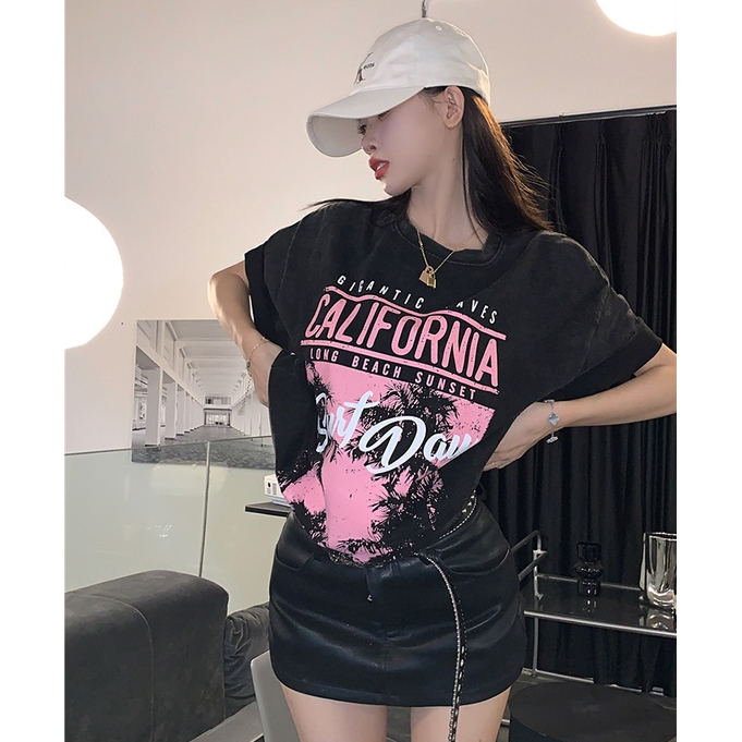 baju atasan wanita/kekinian american retro kemeja hitam wanita lengan pendek rap hiphop motif printed t-shirt import kaos couple ootd