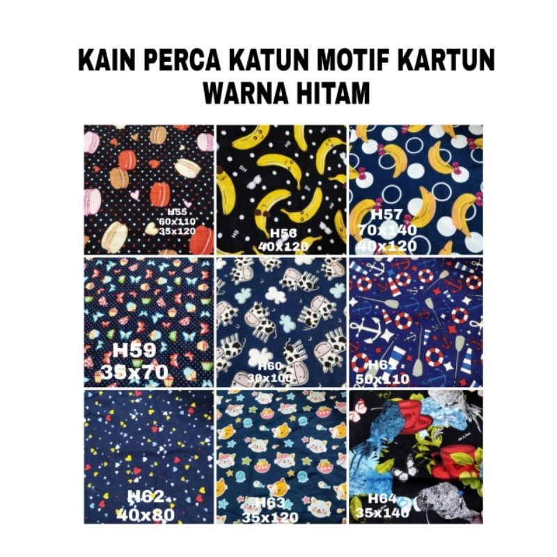 Kain Perca Katun Motif Kartun Warna Hitam | Kain Perca Katun Motif Anak