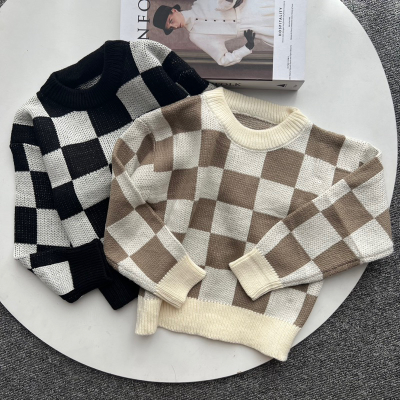 chessboard knit sweater couple mom and kids