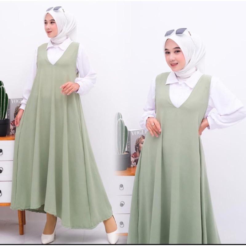 Ilona Overall Outer Dress Polos Crinkle Airflow Korean Look Flora Dress 2in1 Mayung Muslim Jumbo Murah