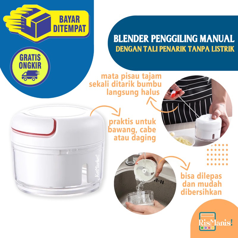 MANUAL PULLING MINCER - Blender Mini Tali Penarik Manual 170 ml Penggiling Daging Pencincang Bumbu Dapur Giling Bawang Putih Tanpa Listrik Chopper Daun Bawang Kacang Shredder Sayuran Toples Mixer Kualitas Food Grade Juicer Buah Bahan Masakan