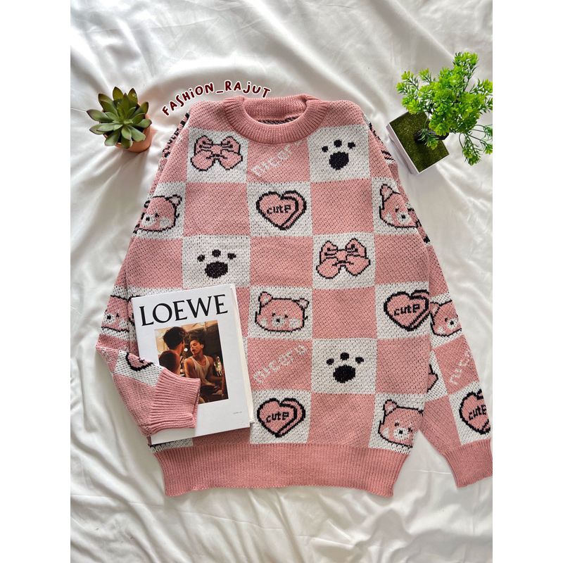 DIANA OVERSIZE SWEATER RAJUT MOTIF BEAR LOVE PREMIUM