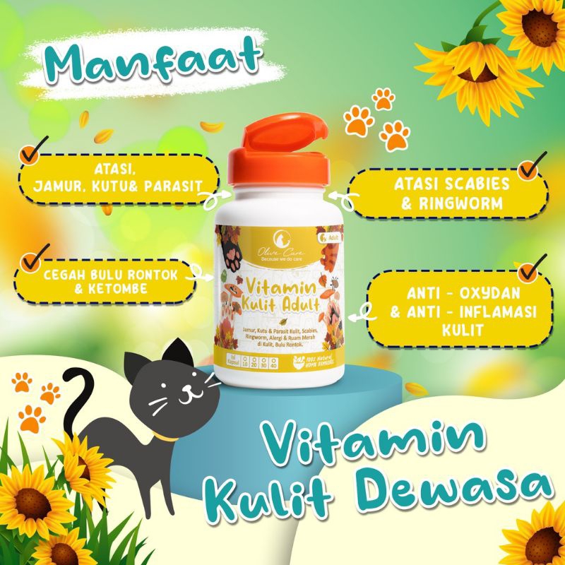 Olive Care Ecer Vitamin Kulit Kucing Dewasa Masalah Bulu Rontok, Jamur Scabies, Kutu dan Masalah Kulit