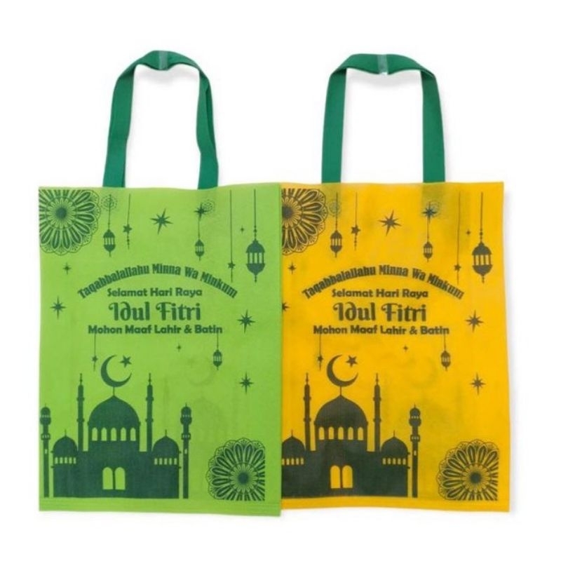 

Goodiebag kain spundbound / tas jinjing Hari raya Idul Fitri Ukuran lebar 30cm X tinggi 40cm Harga Ecer