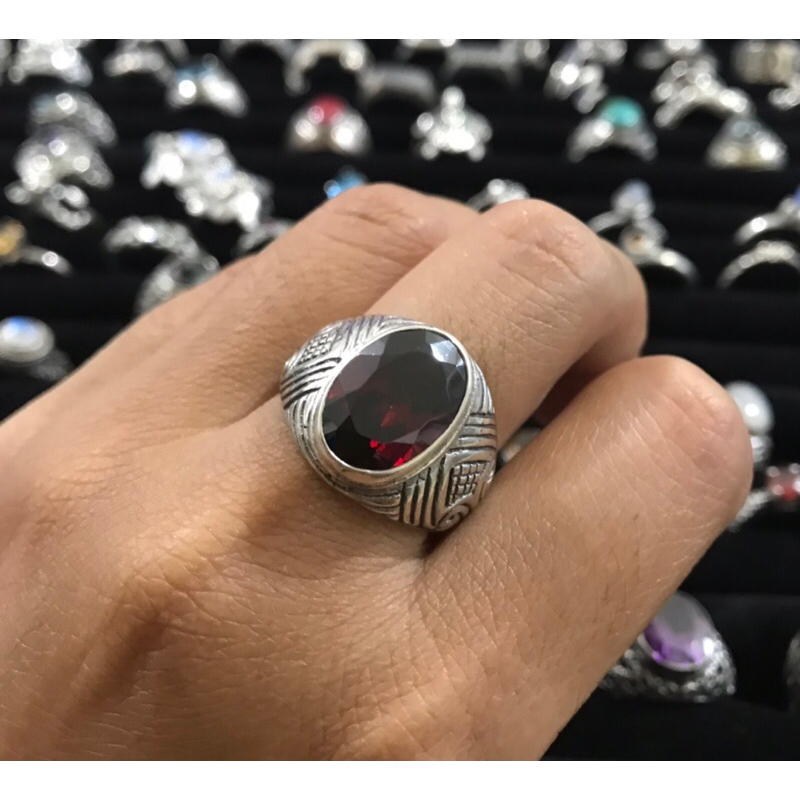 cincin pria bahan perak 925 permata garnet