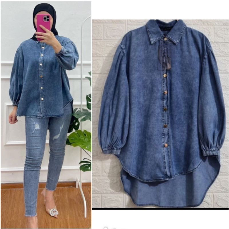 Kemeja Wanita Jeans Snow Oversize Atasan Wanita Jumbo LD 120 Lengan Panjang Full Kancing Terbaru