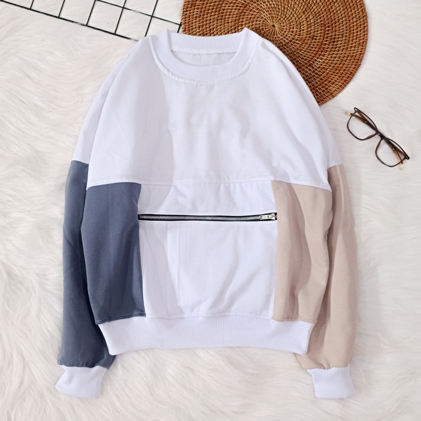 Sweatshirt Candy Pocket Zipper - Sweater Kombinasi Warna Terbaru Wanita