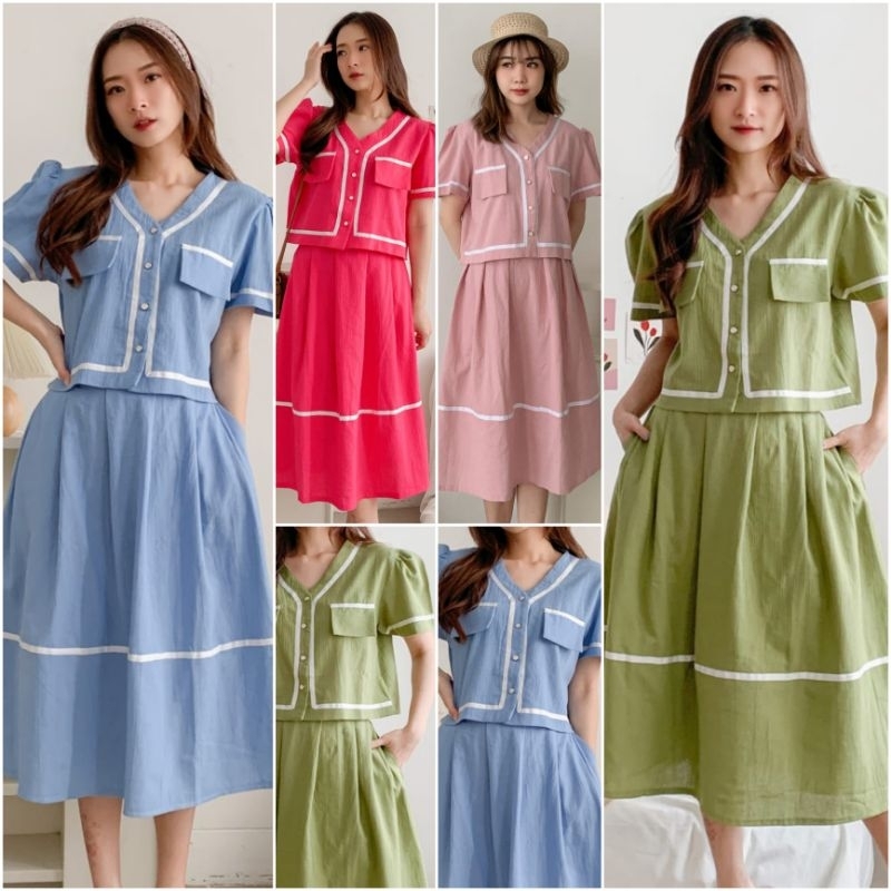 ♡ PREMIUM ♡ REAL PIC ! DJORKA 2 IN 1 WHITE LIST SET [ LINEN / JEANS DENIM ] POCKET BUTTON SHIRT WITH MIDI SKIRT / SETELAN ATASAN KANCING &amp; ROK SELUTUT ( BUSUI FRIENDLY )