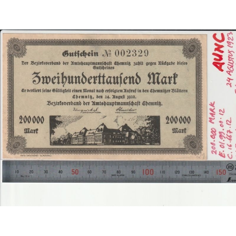Uang LANGKA Germany Jerman 200.000 200000 Mark, City Chemnitz 1923, Grade AUNC