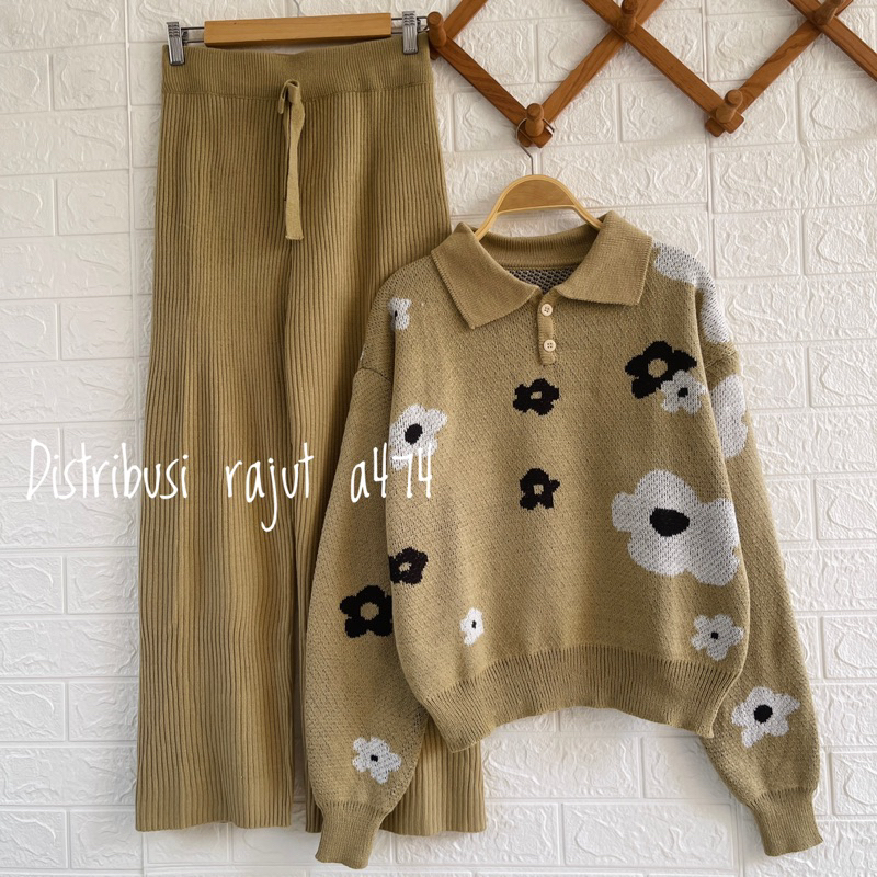 ONESET TANGSI POLO SWEATER BUNGA SETELAN CELANA KULOT JOGER RAJUT WANITA