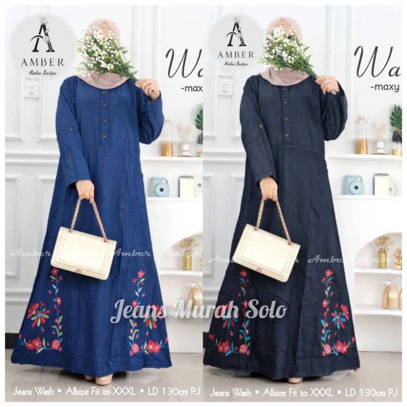 Gamis Jeans Wanita Terbaru Jumbo Ld 130 Pj 135 Fit XXL Bordir Asli Saku Kanan Dan Kiri Full Kancing 
