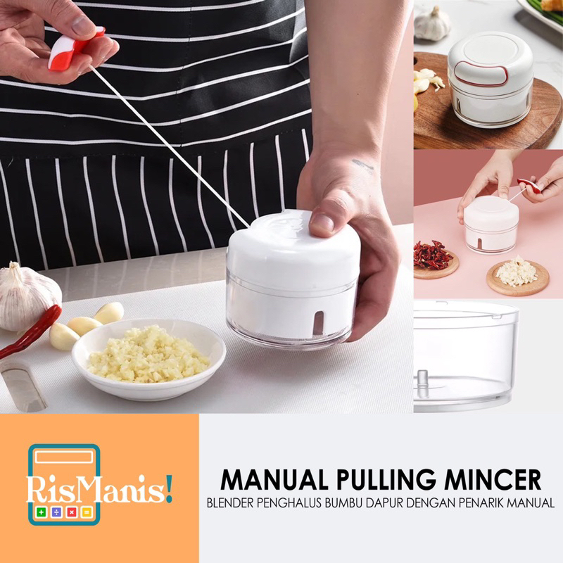 MANUAL PULLING MINCER - Blender Mini Tali Penarik Manual 170 ml Penggiling Daging Pencincang Bumbu Dapur Giling Bawang Putih Tanpa Listrik Chopper Daun Bawang Kacang Shredder Sayuran Toples Mixer Kualitas Food Grade Juicer Buah Bahan Masakan