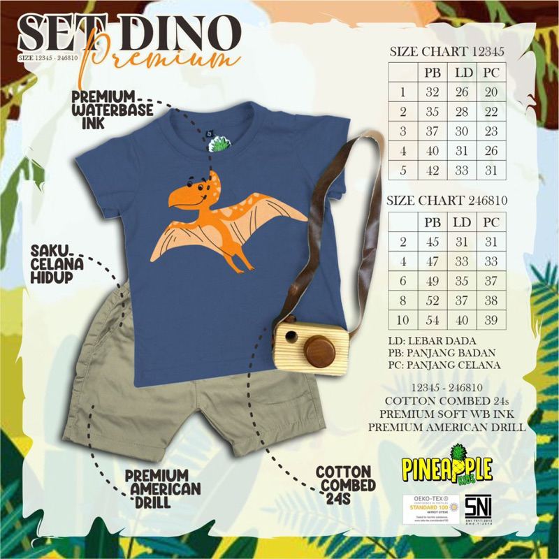 SET DINO Premium / Stelan Pendek Sablon Pineapple Kids Size 1-5