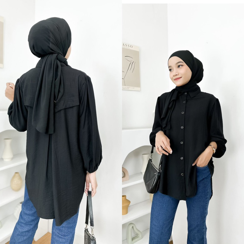 Kemeja Wanita Bahan Polo Linen Laura Blouse Atasan Wanita Full Kancing Lengan Panjang Fashion Remaja Dewasa