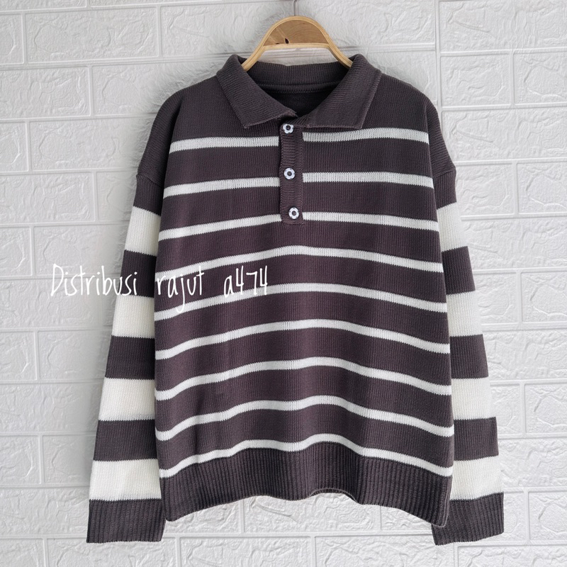 KEY KEY POLO SWEATER RAJUT KANCING MOTIP BLASTER STRIPE OVERSIZE ATASAN LENGAN PANJANG WANITA