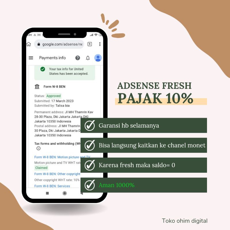 adsense pin pajak 10% tinggal kaitkan ke chanel monet