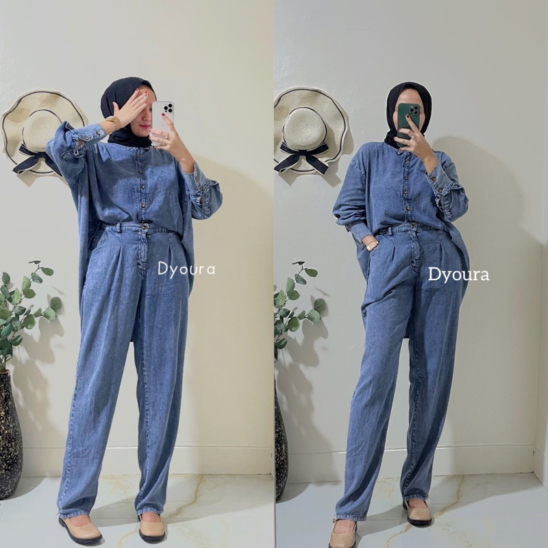 SETELAN denim import / setelan kemeja Jeans wanita import premium/ setelan cewek/kemeja cewek jeans