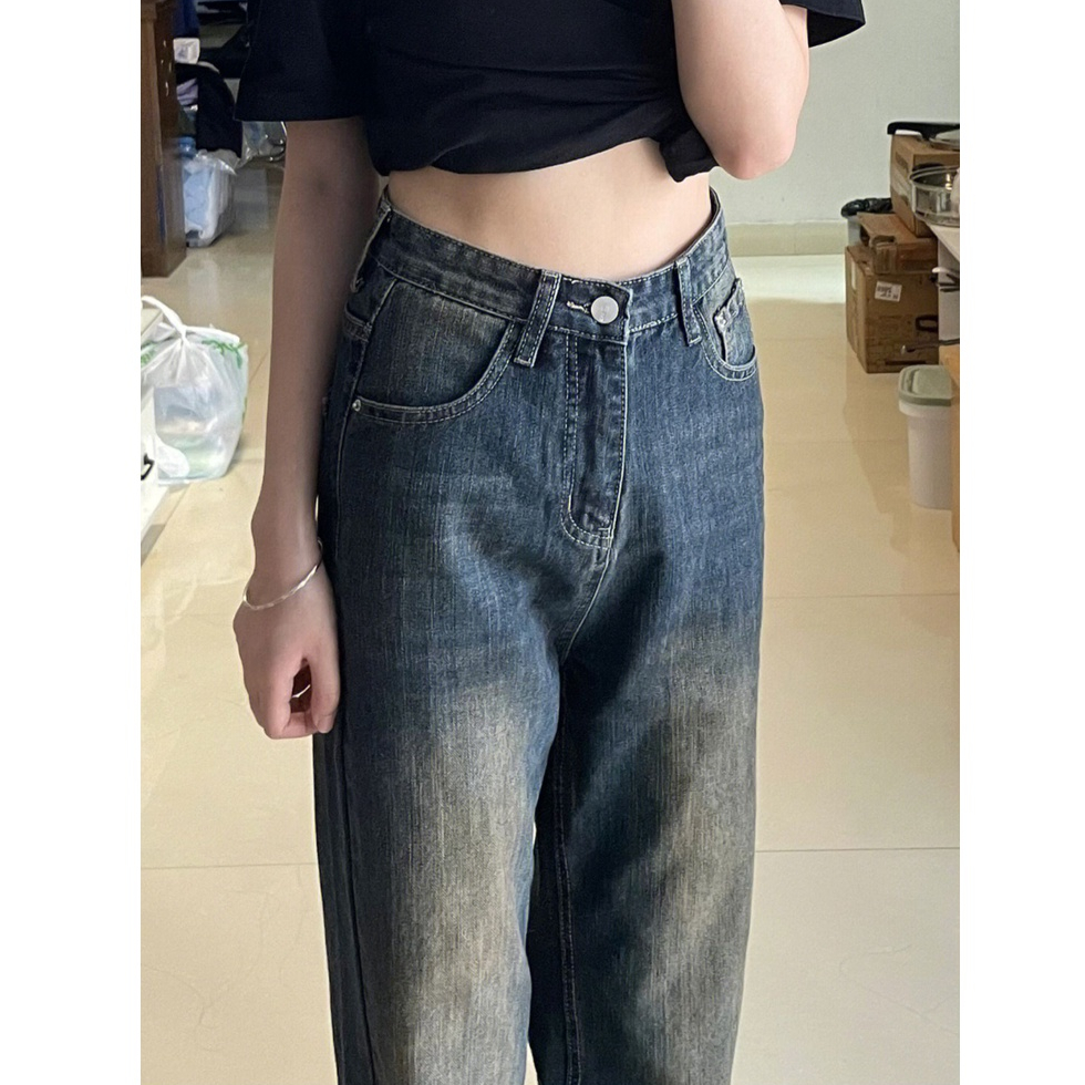 Biru Retro Highwaist Celana Cutbray Jeans Wanita Loose Kekinian