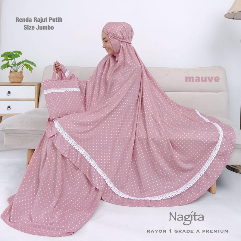 MUKENA RAYON PREMIUM JUMBO RENDA RAJUT RUKUH MUKENAH MOTIF NAGITA POLKA