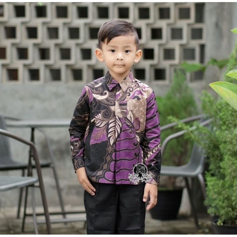 Kemeja Batik Anak Baju Seragam Pernikahan Hajatan Keluarga Casual Formal Motif Sangku Ungu Kid03