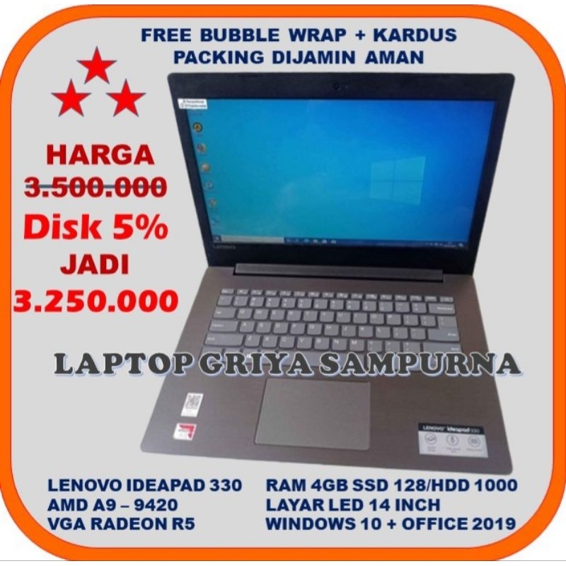 Laptop Lenovo Ideapad 330 AMD A4 Generasi Baru Kenceng Laptop Kerja Laptop Kuliah